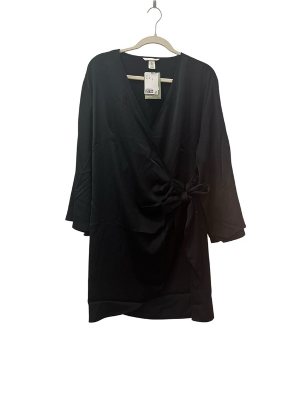 H&M Black Satin Kimono Sleeve Wrap Dress Recycled Poly NWT L